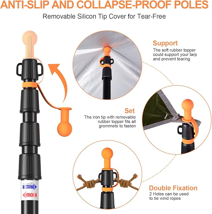 CAMULAND Tent Poles, Heavy Duty Tarp Poles Canopy Poles Aluminum Tent Poles with Non-Slip Cone Bottom, Adjustable Telescoping Tarp Poles