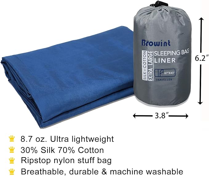Browint Silk/Cotton Travel Sheet with Double Zippers, 87"x43" Extra Wide Sleep Sack for Hotels, Lightweight Sleeping Bag Liner for Camping, Traveler Rectangular with Pillow Pocket …