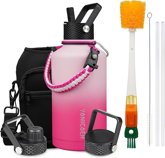 Insulated Water Bottle 64oz,Triple Wall Vacuum Stainless Steel(Dishwasher Safe),Leak Proof & Non-BPA,Flask Jug with Paracord Handle & Straw Spout Lids Sports Sakura