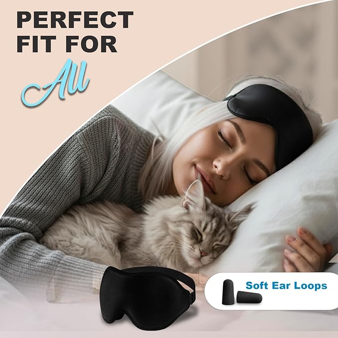 Luxury Sleep Mask – Pack of 2 Ultra-Soft Silk Eye Covers with Adjustable Strap & Soft Ear Loops, 3D Contoured Light Blocking Sleeping Mask for Travel, Naps & Relaxation(Black & Blue)