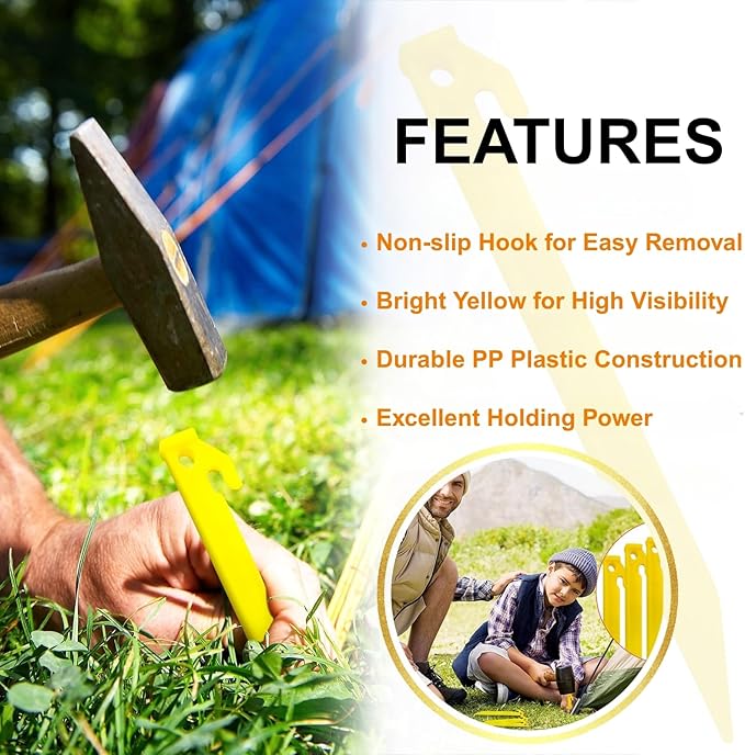 30 PCS Plastic Tent Stakes, 8.85 Inch Heavy Duty Plastic Canopy Stakes for Camping, Beach, Garden & Outdoor Decorations, Lightweight Rust-Proof Sand Anchors, Colorful Yard Inflatable Stakes (Yellow)