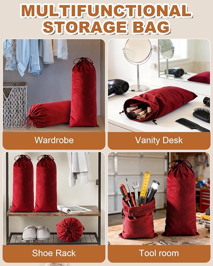 2 Pcs Single Shoe Bags for Travel, 17.3"x8.6" Washable Travel Shoe Bags for Packing in Suitcase, Velvet Dust Bag with Drawstring, Shoe Pouch for Women and Men, Travel and Home Storage (Rio Red)