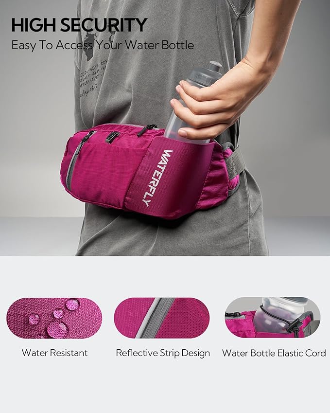 WATERFLY Fanny Pack Waist Bag: Hiking Water Bottle Holder with Strap Waist Pack for Women Men Hydration Hip Packs for Running Walking Traveling-Rose Red