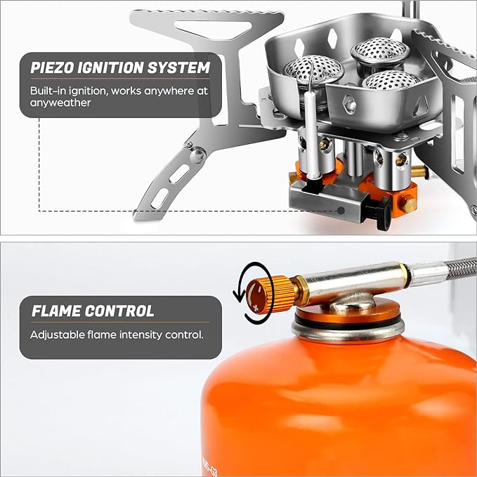 Odoland 3500W/6800W Windproof Camp Stove Camping Gas Stove with Fuel Canister Adapter, Piezo Ignition, Carry Case, Portable Collapsible Stove Burner for Outdoor Backpacking Hiking and Picnic