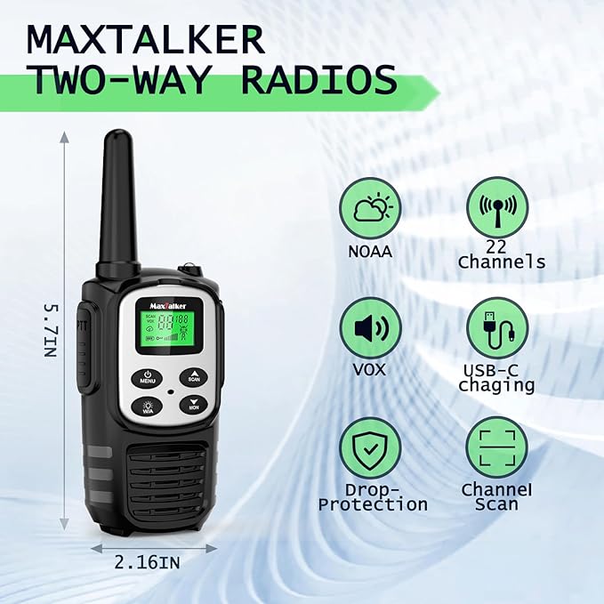 Walkie Talkies Long Range for Adult, MT10 Rechargeable Walkie Talkies FRS Two Way Radio, NOAA, 1200mAh Li-ion Battery USB-C Cable, LED Flashlight,VOX Walkie Talkie for Camping 2Pack (Silver)