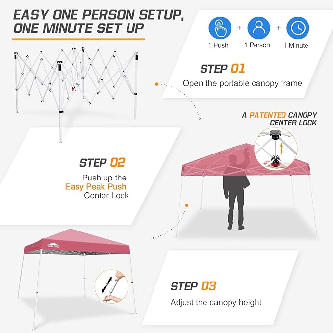 EAGLE PEAK 10x10 Slant Leg Pop-up Canopy Tent Easy One Person Setup Instant Outdoor Beach Canopy Folding Portable Sports Shelter 10x10 Base 8x8 Top (Peach Pink)