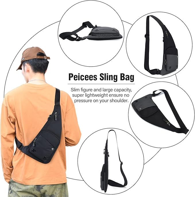 Peicees Sling Bag for Men Women Shoulder Bag Backpack Strap Pockets Chest Bag for Running Hiking Camping Exercise Outdoor