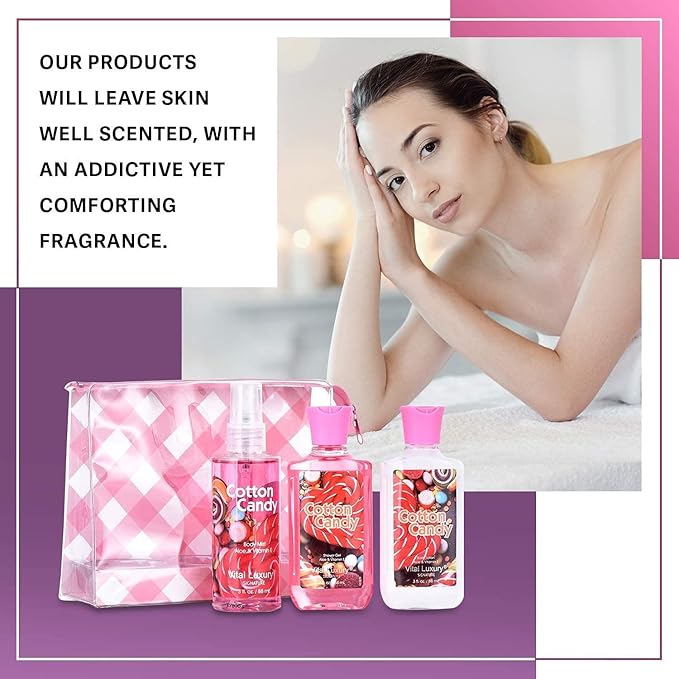 Bath and Body Gift Set, Cotton Candy Scented, 3-Piece Travel Size Collection, Shower Gel, Body Lotion, Body Mist, 3 Fl Oz Each (Cotton Candy)
