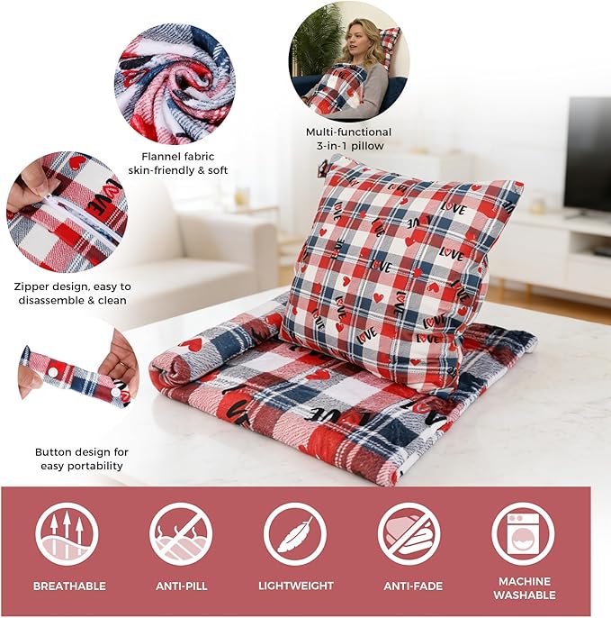 3 in 1 Travel Pillow Blanket Set with Removable Flannel Blanket Throw,Hand Warmer Pockets,Pillow (Color2, 50in*60in)