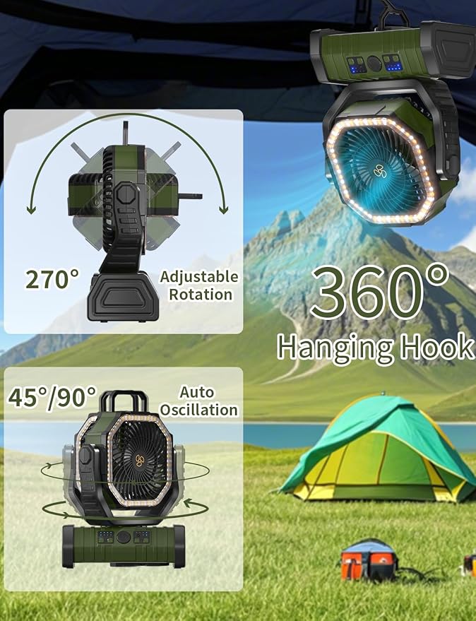 Battery Operated Fan Portable Camping Battery Powered Fan with LED Lantern Light 20000mAh Rechargeable, Oscillating, 360° Rotation Hanging Hook for Tent, Canopy, Beach, Outdoor(Green)