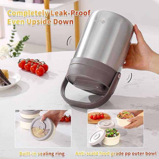 Adults Lunch Vacuum Soup Thermo For Hot Food with Inserts Stackable Bento Box Storage Container,Width Mouth Stainless Steel Portable Insulated Food Jar (silvery, 74 oz)