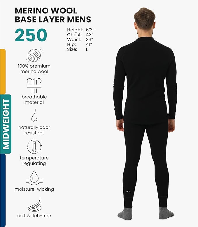 Merino.tech Men’s Merino Wool Base Layer Set – Zip-Up Heavyweight, Midweight Thermal Top & Bottom