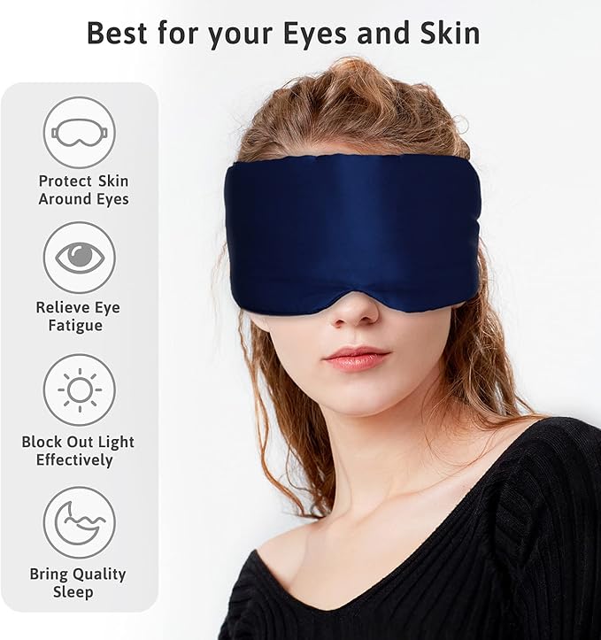 Silk Sleep Mask for Women Men Satin, ATreebag Eye Sleeping Mask & Blindfold with Adjustable Velcro Strap, Large Size, 1 PC Navy Blue