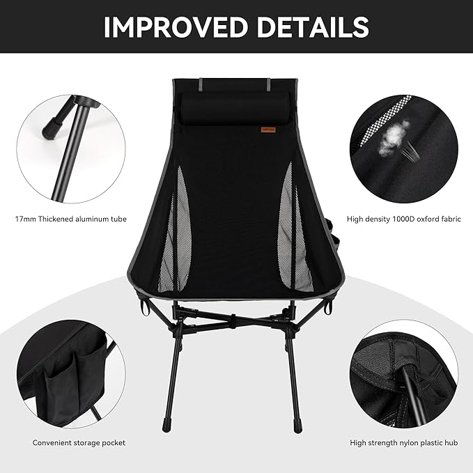 TOBTOS Portable High Back Camping Chair, Support Heavy Duty 440 lbs, Compact Folding Chair with Detachable Pillow for Camp, Hiking, Backpacking (Black)