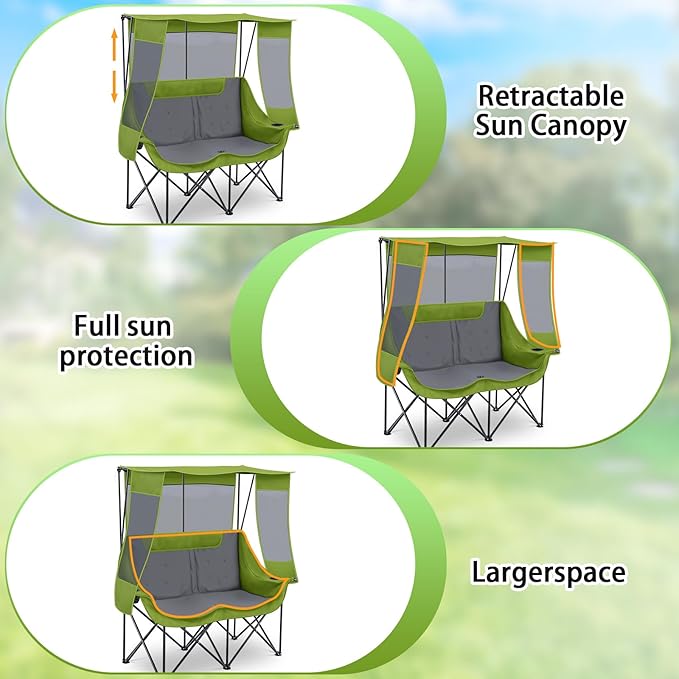 Double Camping Chair with Canopy Shade Oversized 2 Person Camping Sofa Fully Padded Folding Loveseat with Cup Hold and Storage Bag Sturdy for Lawn Beach Fall Outdoor Activities(Dark Green)