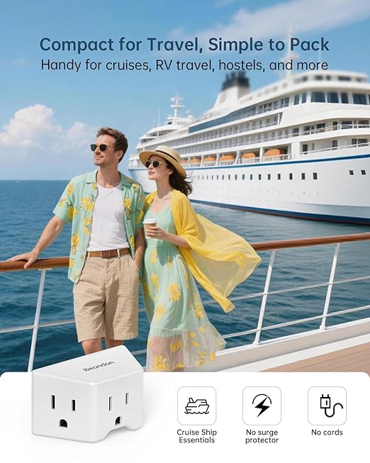 BEONDON Small Angled Outlet Extender, 3 Way Outlet Splitter Plug for Bathroom Kitchen Bedroom Dorm and Other Tight Spaces, White, 2 Pack