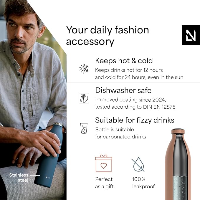 LARS NYSØM Stainless Steel Insulated XL Water Bottle 12 oz 17 oz 25 oz 34 oz 51 oz | Insulated Thermo Flask for Hot and Cold Beverages | Leakproof Drinking Bottle (Blush Rose, XL 50.7 oz)