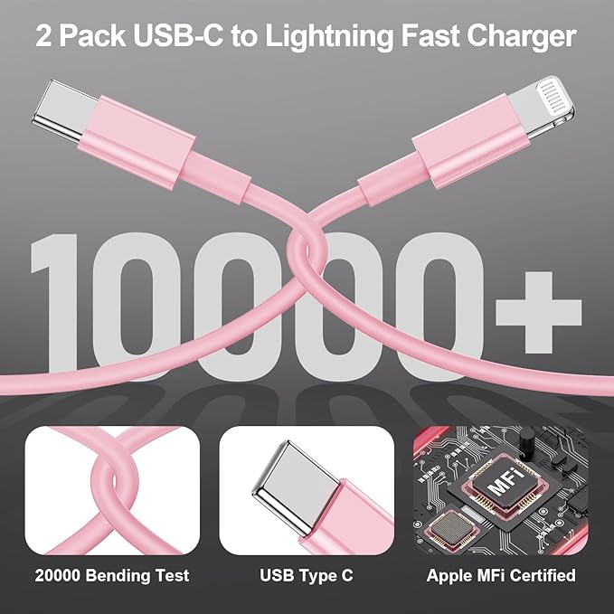 2Pack Pink Fast Charger Cable 10ft [Apple MFi Certified], USB Type C to Lightning Cable 10 Foot for Apple iPhone 13 12 11 Pro XR XS Max X 8 Plus