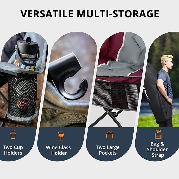 Oversized Camping Chair for Large Adults Heavy Duty 400 lbs Capacity, Comfortable Padded Folding Lawn Chair with Back & Headrest Support and Cup Holder, Portable Outdoor Chair with Carry Bag