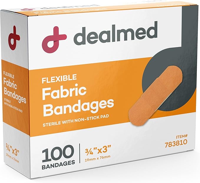 Dealmed Fabric Flexible Adhesive Bandages – 100 Count (24 Pack) Bandages with Non-Stick Pad, Latex Free, Wound Care for First Aid Kit, 3" x 3/4"