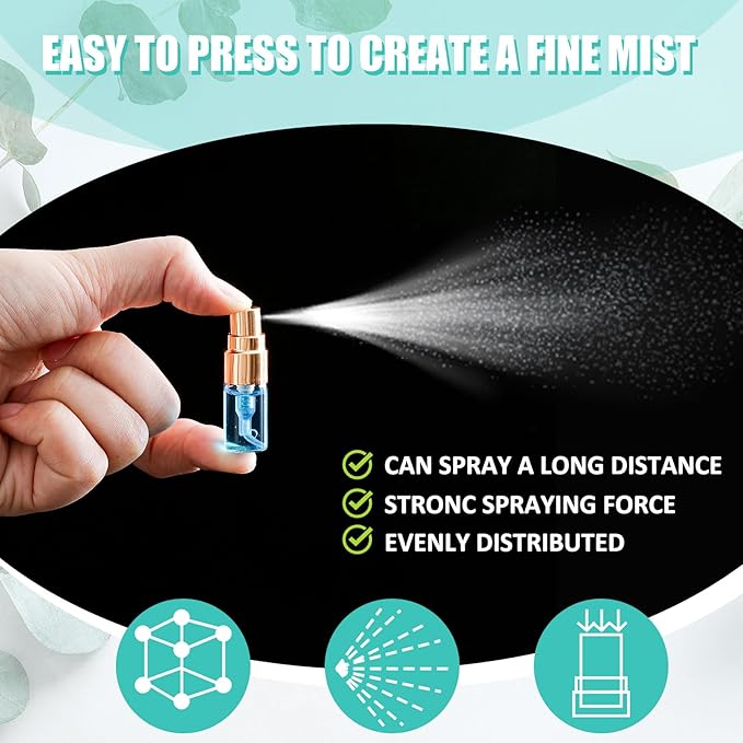 Zhehao 75 Pcs Mini Spray Bottles 2 ml Clear Glass Perfume Bottles Refillable Fine Mist Perfume Atomizer Portable Empty Sample Containers for Cleaning, Essential Oils, Travel (Gold Cap)