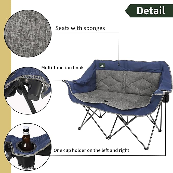 Northroad Folding Loveseat Camping Chair Portable Double Duo Full Padded Garden Chair for 2 Person Sofa w/2 Cup Holder,Wine Glass Holder,Support 600lbs for Picnic Beach Travel (Blue)