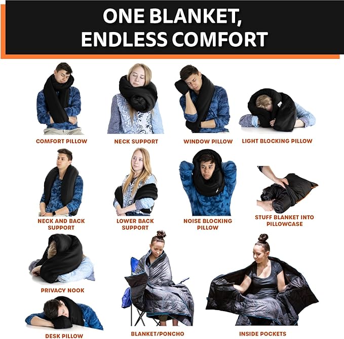 Ripstop Outdoor Camping Pillow 3-in-1, Versatile Lightweight Nylon Waterproof Stadium Blanket, Ultralight Backpacking Essentials, Travel Set - Black and Orange