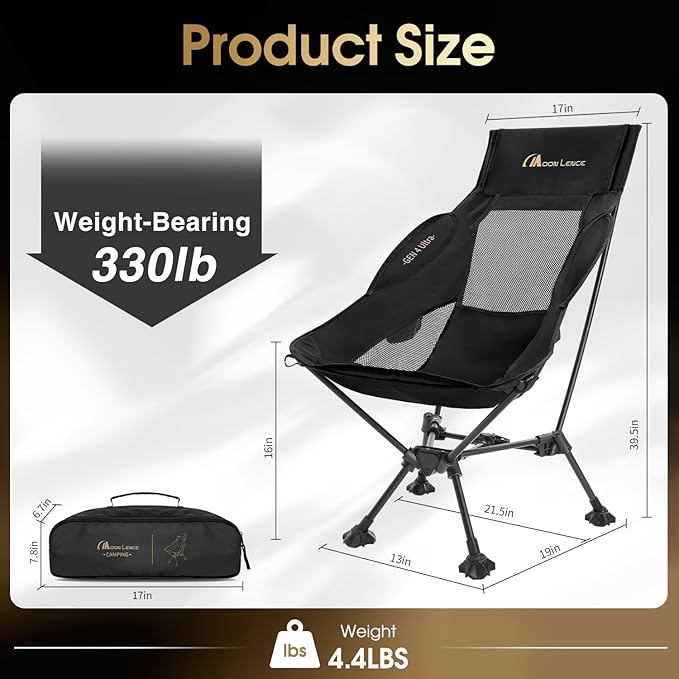 MOON LENCE High Back Camping Chair with Pillow - 330lbs Capacity Folding Portable, Wide Seat & Ergonomic Support for Backpacking Hiking Picnics (Black)
