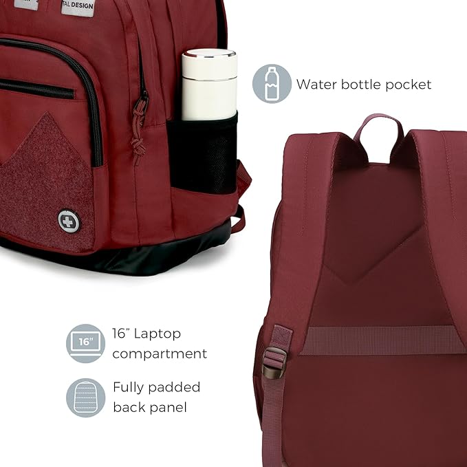 Swissdigital Design Big Student Laptop Backpack with Fun Personalized Patches For College Boy & Girl, Middle High School Teen Bookbag Cool Travel Daypack Burgundy - Includes 3 Patches | SD1718-44