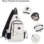 MOSISO Sling Backpack,Canvas Crossbody Hiking Daypack Bag with Anti-theft Pocket, Pearl White