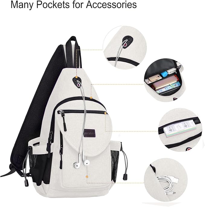 MOSISO Sling Backpack,Canvas Crossbody Hiking Daypack Bag with Anti-theft Pocket, Pearl White