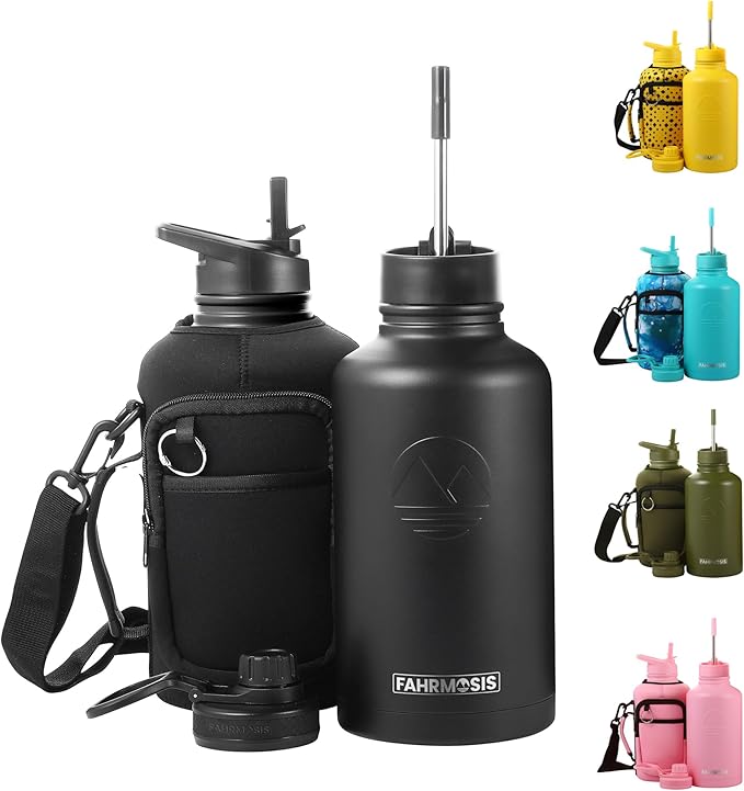 64 Oz Insulated Water Bottle with Strap Stainless Steel Sports Water Bottle with 3 Lids (Straw, Chug and Flip Lid) Leak Proof Metal Half Gallon Jug for Men & Women - Black