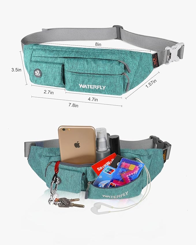 WATERFLY Fanny Pack Slim Soft Polyester Water Resistant Waist Bag Pack for Man Women Carrying iPhone 8 Samsung S6 Dark Green