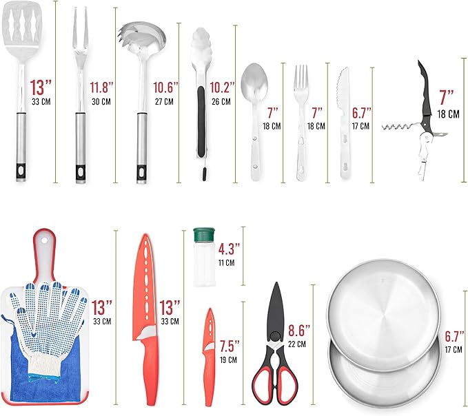 Camping Utensils Set, 21pcs Camp Cooking Kit with BBQ Tools, Knife Set & Spice Kit – Heat-Resistant Cutting Board, Dishwasher-Safe Cutlery for Outdoor, Hiking, Backpacking