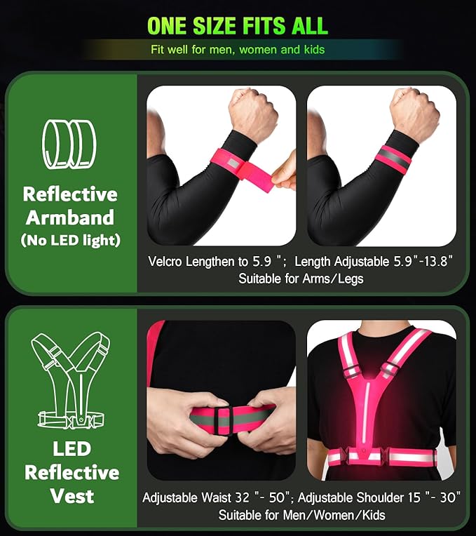 Led Light Up Running Vest Reflective Vest for Runners Night Walking, Rechargeable LED Reflective Running Vest High Visibility with Adjustable Waist/Shoulde, Reflective Armband for Women Men