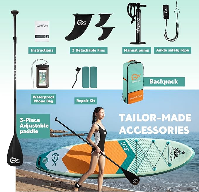 InnoExpo Inflatable Stand Up Paddle Boards with Premium Accessories, Wide Stable SUP Paddle Board Design, Non-Slip Comfort Deck for Youth & Adults