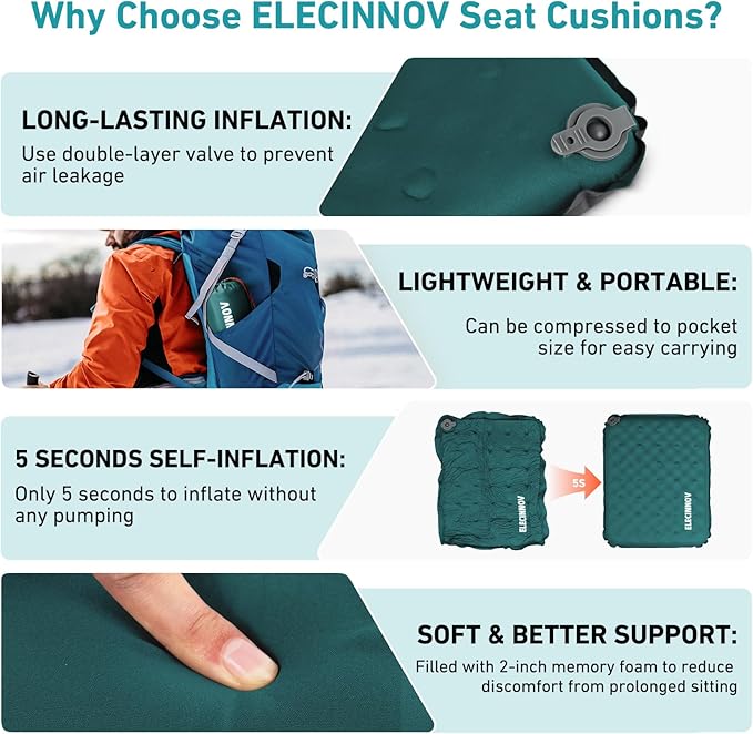 Inflatable Seat Cushion, Self Inflating Memory Foam Stadium Seat Cushion Lightweight Camping Chair Pad Airplane Cushion for Long Flights Outdoor Travel Bleacher Office Car Backpacking (Blue)