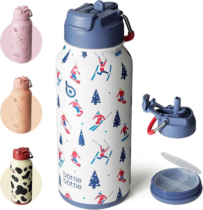 BOTTLE BOTTLE 32oz Insulated Water Bottle Stainless Steel Sport Water Bottle with Straw Dual-use Lid Design for Gym with Pill Box