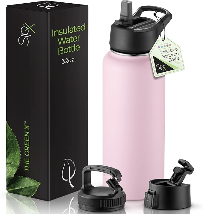 SipX™ Triple-Insulated Stainless Steel Water Bottle 32oz. With 3 Lids, BPA-Free Reusable Insulated Water Bottle Keeps Cold 24 Hours, (Pink)