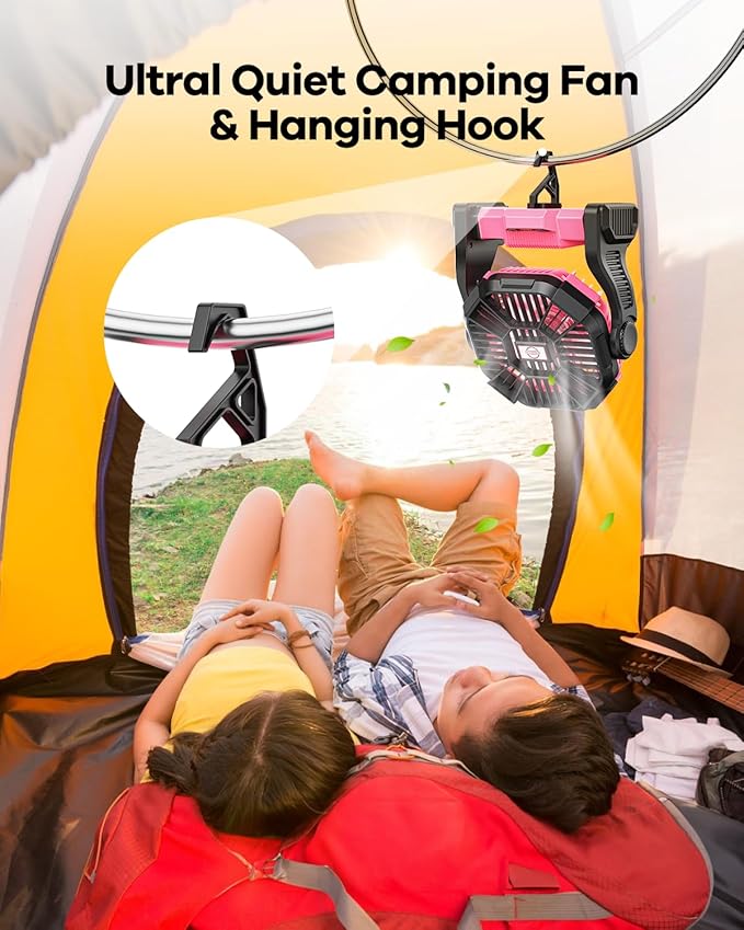 30000mAh Rechargeable Camping Fan with LED Lantern,Portable Battery Powered Outdoor Fan for Bedroom,Camping,Travel,Hiking,Beach,Office,Trave Accessories(Pink)