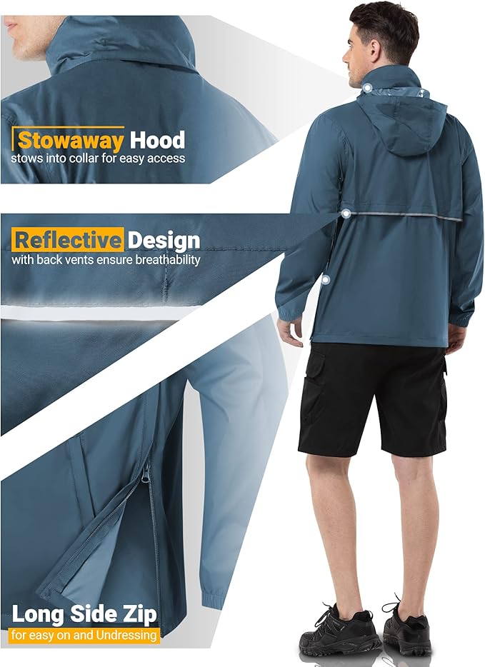 Outdoor Ventures Men's Rain Jacket Waterproof Lightweight Packable Rain Pullover for Hiking Golf Running