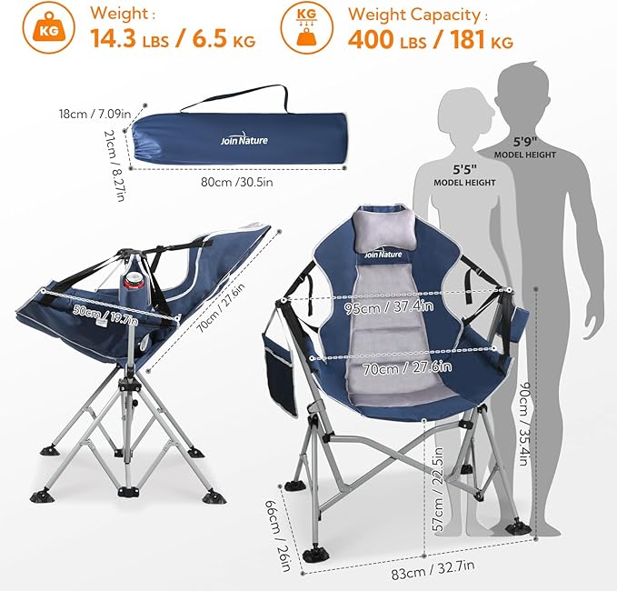 Oversized Hammock Camping Chairs, Folding Swing Chair with 1-Step Design, Swinging Hammock Chair with Adjustable Backrest, Lumbar Support & Headrest for Outdoor&Indoor, Support 400LBS, Blue