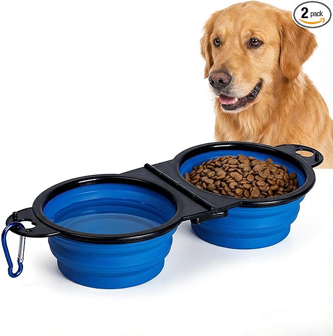 Collapsible Dog Bowls with Carabiner, Double Portable Travel Pet Bowls for Food and Water, Foldable Silicone Dog Bowl for Walking, Hiking, Camping, Small Medium Dogs and Cats, Blue