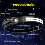 LED Headlamp Rechargeable 3PCS - 230° COB Super Bright Head Lights for Forehead, Hard hat Light for Adults, USB C Headband Flashlight for Work, Hiking, Running, Camping Essentials Gear