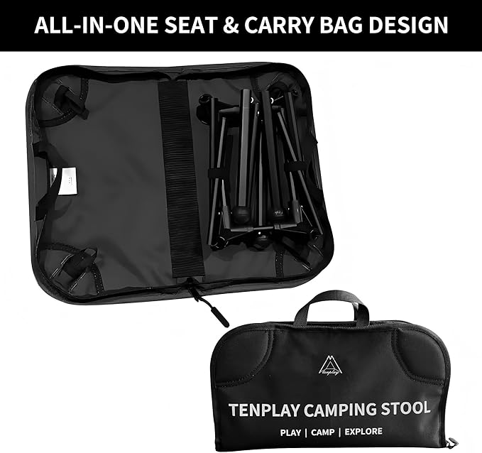 TENPLAY Portable Camping Stools for Adults Heavy Duty,Holds Up to 330lbs,18 Inch Oversized Folding Stools with All-in-One Seat & Carry Bag Design for Camping Outdoor Beach Travel Hiking Fishing Black