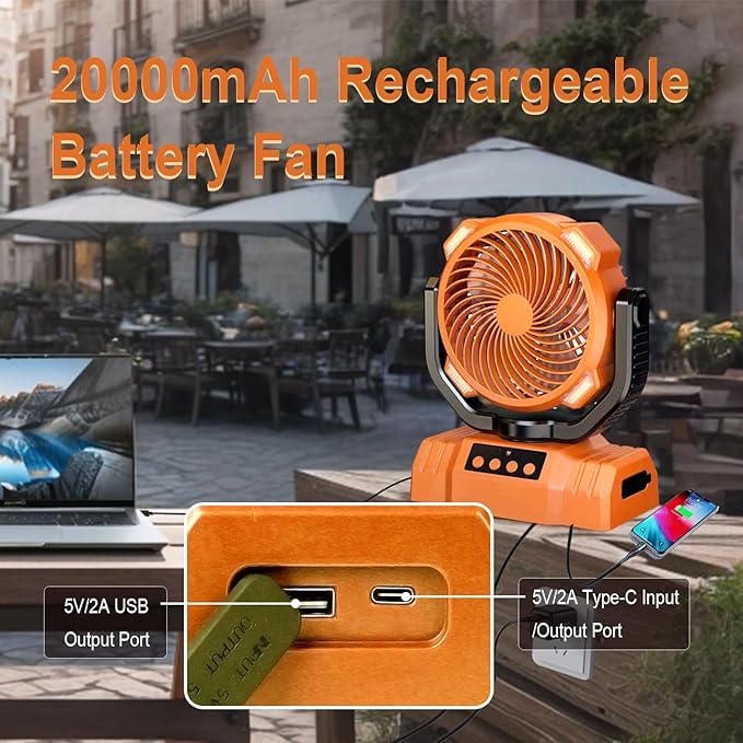 20000mAh Camping Fan with LED Lantern, 360° Oscillation, Remote Control, 4 Speed & Timer, Rechargeable Battery Powered Fan for Tent, Outdoor, Travel, Hurricane, Emergency, Power Outage(Orange)