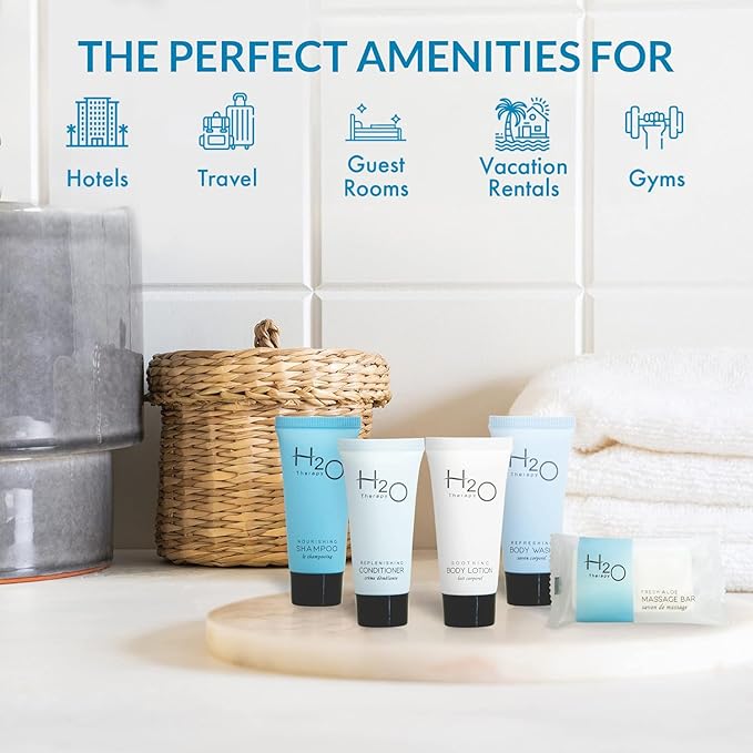 H2O Therapy Hotel Soaps & Toiletries Bulk Set | 1-Shoppe Amenities Kit | 0.85oz Shampoo & Conditioner, Body Wash, Lotion, 1oz Bar Soap | Travel Size | 75 Pieces