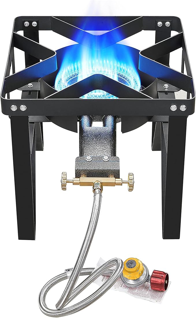 Vivicreate 185000 BTU High Pressure Propane Burner Outdoor Gas Stove Single Burner Cooktop for Turkey Fryer Seafood Boil Brewing BBQ Camping Stove Estufa de Gas Portátil Fogón de Gas 2 valve