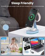 3 in 1 Wireless Charger Charging Station for iPhone,Qi2 Certified 15W Magnetic Charging Stand for Mag-Safe with 30W USB C Adapter&Friendly Night Light for iPhone 16/15/14/13/12,Apple Watch,AirPods