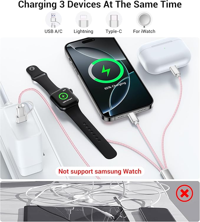 Temdan for Travel Vacation Essentials,3 in 2 USB C Cable for Apple Watch Charger/iPhone 17 Charger/Lightning,Multi Charging Cable Cord,Camping Essentials,Designed for iWatch & iPhone 16-12-4FT Pink